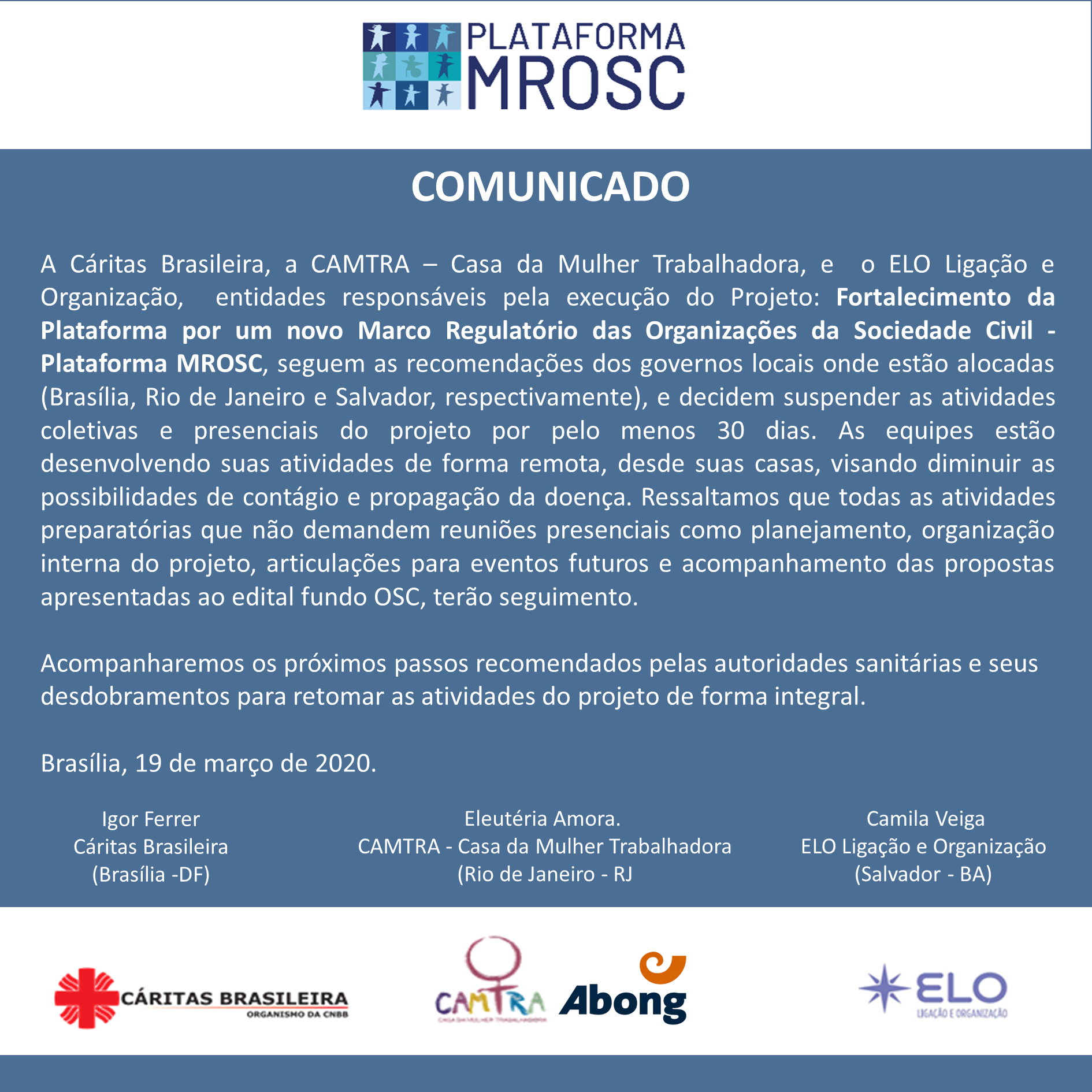Comunicado do Comitê Gestor do Projeto Fortalecimento da Plataforma MROSC